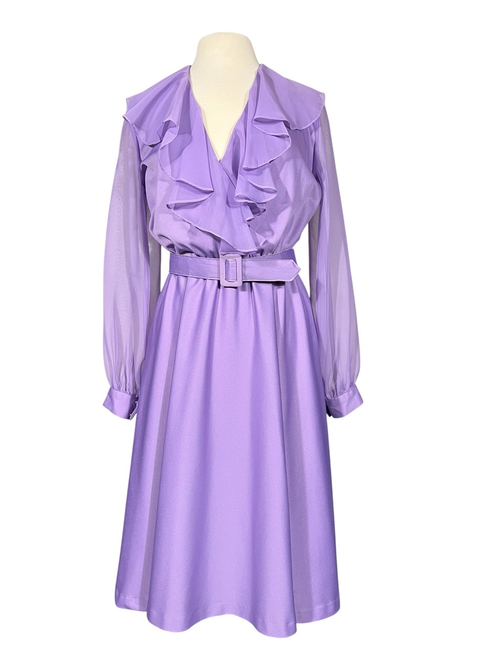 Vintage Sears Lavender Ruffle-Bodice Long Sleeve Midi Dress